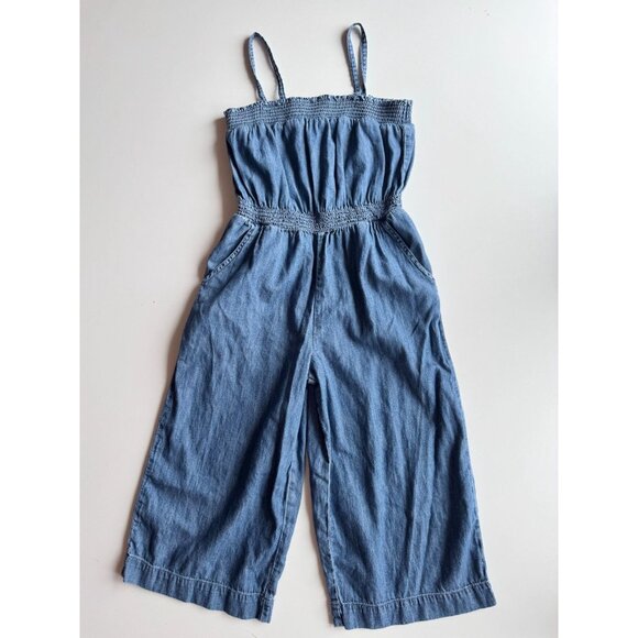 Girls' GAP Deep Blue Wash Cotton Denim Wide Leg Cropped Jumpsuit, Size S (6-7) - Picture 1 of 8